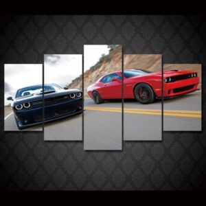 Dodge Challenger Red Black Road Srt Rt - Automative 5 Panel Canvas Art Wall Decor
