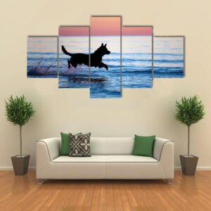 Dog Running On Water Against Horizon - Animal 5 Panel Canvas Art Wall Decor