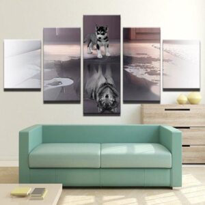 Dog Wolf Landscape Mirror Lake - Abstract Animal 5 Panel Canvas Art Wall Decor