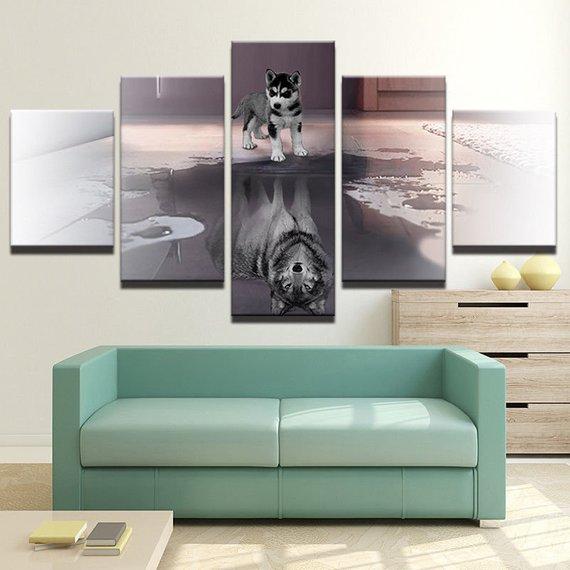 Dog Wolf Landscape Mirror Lake - Abstract Animal 5 Panel Canvas Art Wall Decor Dog Wolf Landscape Mirror Lake - Abstract Animal 5 Panel Canvas Art Wall Decor