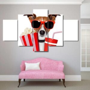 Doggo At The Movies Popcorn Concession - Animal 5 Panel Canvas Art Wall Decor