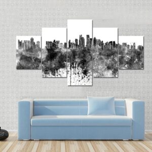 Doha Skyline In Black Watercolor - Abstract Nature 5 Panel Canvas Art Wall Decor