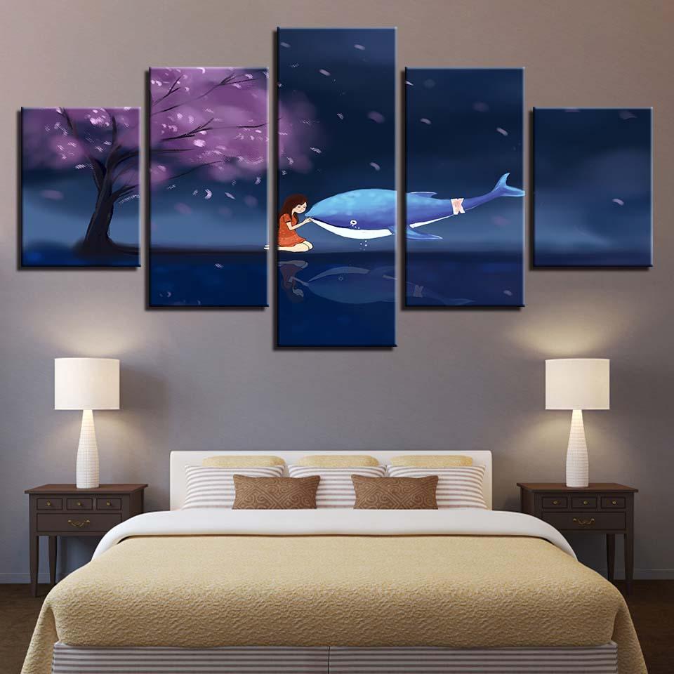 Dolphin And Girl Cherry Blossom Tree - Abstract Animal 5 Panel Canvas Art Wall Decor Dolphin And Girl Cherry Blossom Tree - Abstract Animal 5 Panel Canvas Art Wall Decor