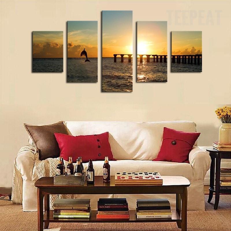 Dolphin Before The Sunset Seascape - Animal 5 Panel Canvas Art Wall Decor Dolphin Before The Sunset Seascape - Animal 5 Panel Canvas Art Wall Decor