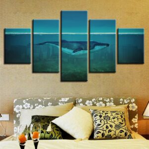 Dolphin In The Sea Bed Swim - Animal 5 Panel Canvas Art Wall Decor