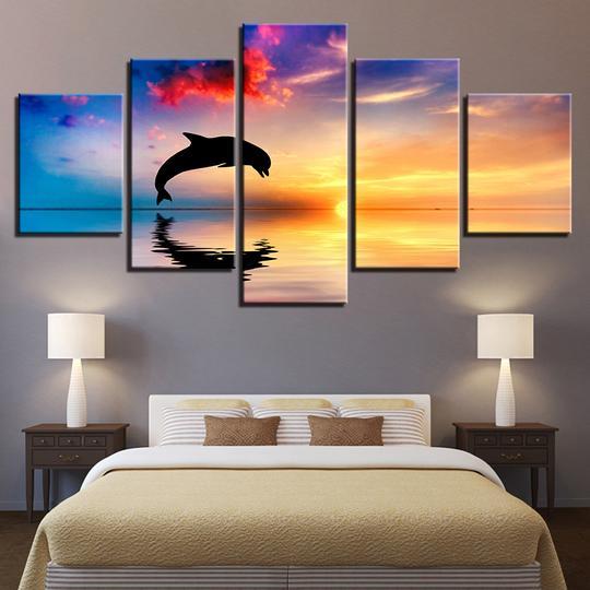 Dolphin Jumps At Sunset Gulf Of Mexico - Animal 5 Panel Canvas Art Wall Decor Dolphin Jumps At Sunset Gulf Of Mexico - Animal 5 Panel Canvas Art Wall Decor
