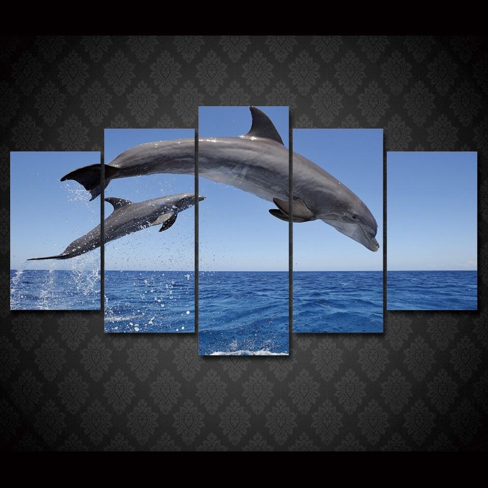 Dolphin Ocean Seascape 2 - Animal 5 Panel Canvas Art Wall Decor Dolphin Ocean Seascape 2 - Animal 5 Panel Canvas Art Wall Decor