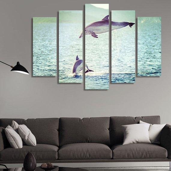 Dolphin On The Sea - Animal 5 Panel Canvas Art Wall Decor Dolphin On The Sea - Animal 5 Panel Canvas Art Wall Decor