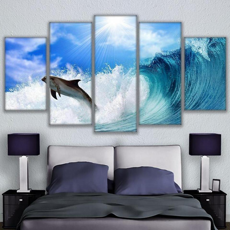 Dolphin On The Wave - Animal 5 Panel Canvas Art Wall Decor Dolphin On The Wave - Animal 5 Panel Canvas Art Wall Decor