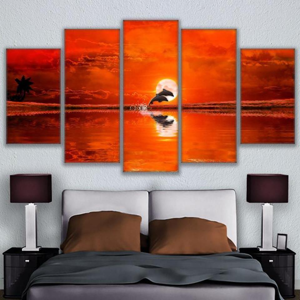 Dolphin Sun Flaming Sunset Leaping Porpoises Animal - 5 Panel Canvas Art Wall Decor Dolphin Sun Flaming Sunset Leaping Porpoises Animal - 5 Panel Canvas Art Wall Decor