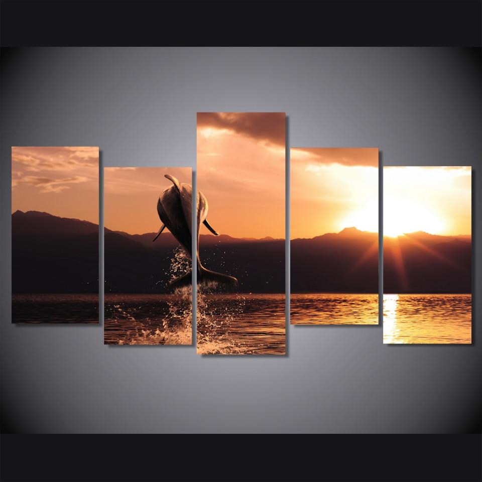 Dolphin Sunset Seascape - Animal 5 Panel Canvas Art Wall Decor Dolphin Sunset Seascape - Animal 5 Panel Canvas Art Wall Decor