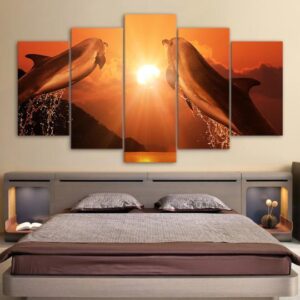 Dolphins Jumping Into The Sunset - Animal 5 Panel Canvas Art Wall Decor