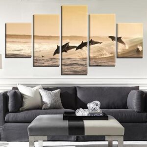 Dolphins Playing In The Waves - Aniaml 5 Panel Canvas Art Wall Decor
