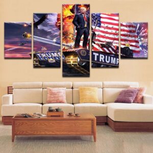 Donald Trump Standing On Top Of A Tank - Famous Person 5 Panel Canvas Art Wall Decor