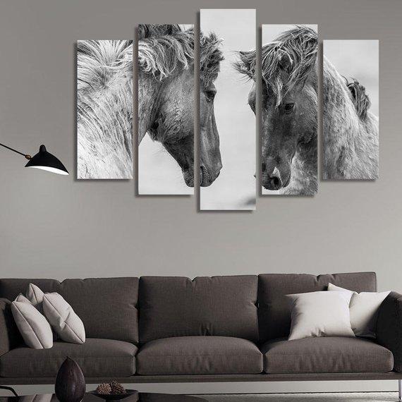 Double Horses - Animal 5 Panel Canvas Art Wall Decor Double Horses - Animal 5 Panel Canvas Art Wall Decor