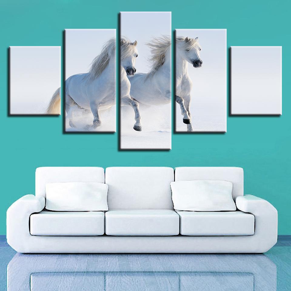 Double White Horse - Animal 5 Panel Canvas Art Wall Decor Double White Horse - Animal 5 Panel Canvas Art Wall Decor
