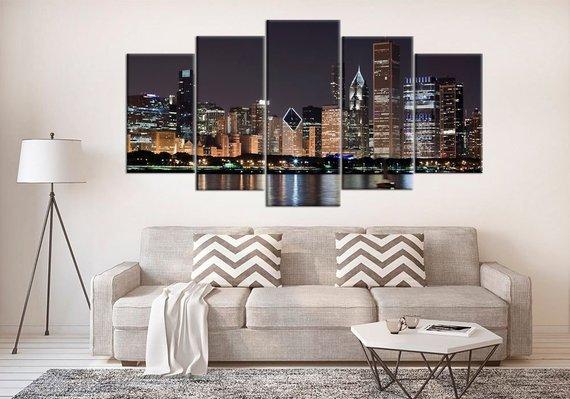 Downtown Chicago Lake Michigan - Nature 5 Panel Canvas Art Wall Decor Downtown Chicago Lake Michigan - Nature 5 Panel Canvas Art Wall Decor