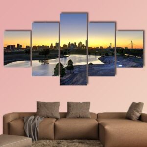 Downtown Dallas Skyline At Sunrise In Texas - Nature 5 Panel Canvas Art Wall Decor