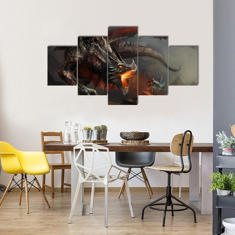 Dragon With Warrior - Gaming 5 Panel Canvas Art Wall Decor Dragon With Warrior - Gaming 5 Panel Canvas Art Wall Decor