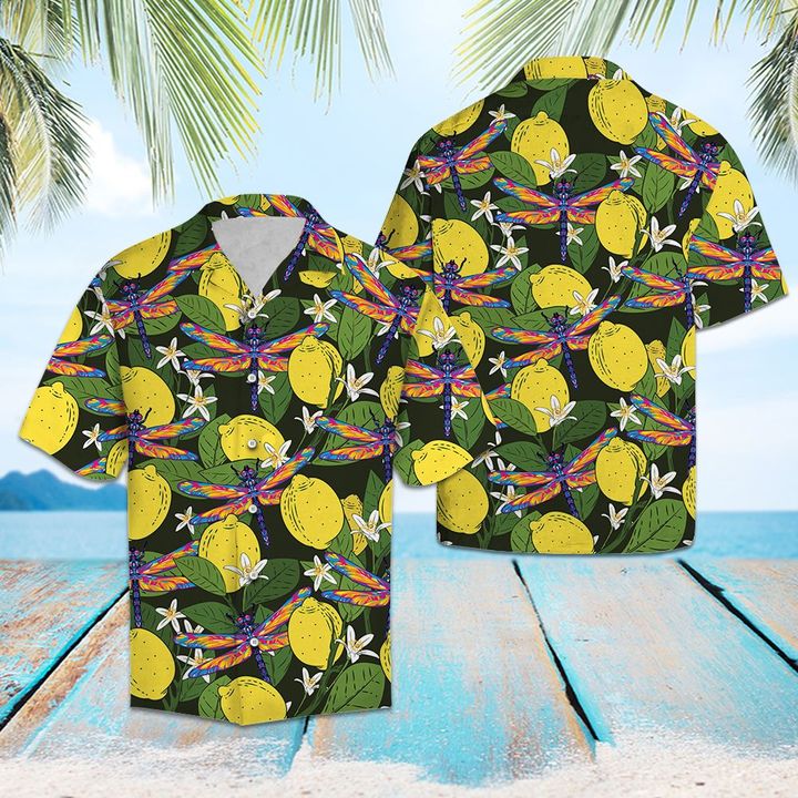 Dragonfly Lemons Hawaiian Shirt Summer Button Up Dragonfly Lemons Hawaiian Shirt Summer Button Up