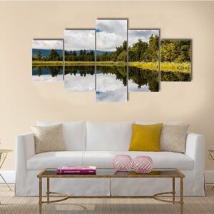 Dramtic Reflections On Lake Matheson - Nature 5 Panel Canvas Art Wall Decor