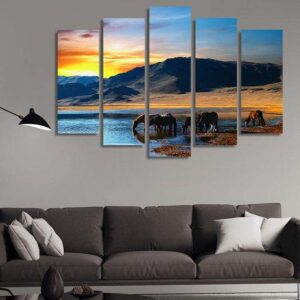 Drinking Horses - Animal 5 Panel Canvas Art Wall Decor