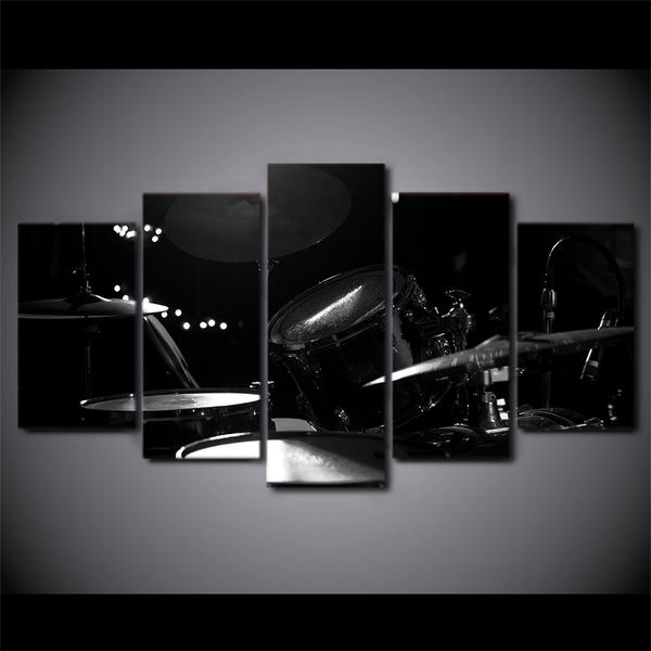 Drums And Cymbals - Black White And Gray - Music 5 Panel Canvas Art Wall Decor Drums And Cymbals - Black White And Gray - Music 5 Panel Canvas Art Wall Decor