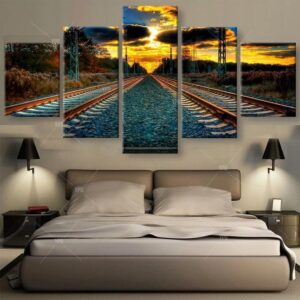 Dual Tracks At Sunset - Nature 5 Panel Canvas Art Wall Decor