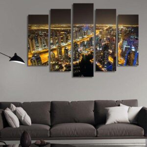 Dubai Marina At Night - Nature 5 Panel Canvas Art Wall Decor