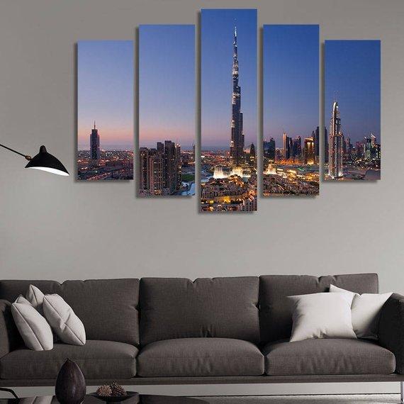 Dubai Skyline Downtown At Nig - Nature 5 Panel Canvas Art Wall Decor Dubai Skyline Downtown At Nig - Nature 5 Panel Canvas Art Wall Decor