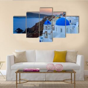 Dusk Over Blue Domed Churches At Oia Santorini - Nature 5 Panel Canvas Art Wall Decor