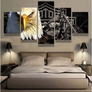Eagle And Harley Davidson Motorcycle 1 - Animal 5 Panel Canvas Art Wall Decor