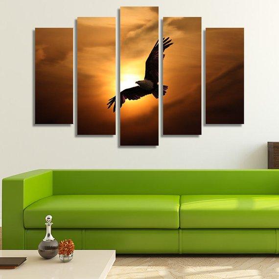 Eagle Soaring In The Sky At Sunset - Animal 5 Panel Canvas Art Wall Decor Eagle Soaring In The Sky At Sunset - Animal 5 Panel Canvas Art Wall Decor