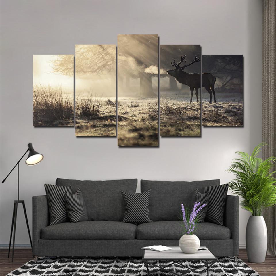 Early morning deer - Animal 5 Panel Canvas Art Wall Decor Early morning deer - Animal 5 Panel Canvas Art Wall Decor