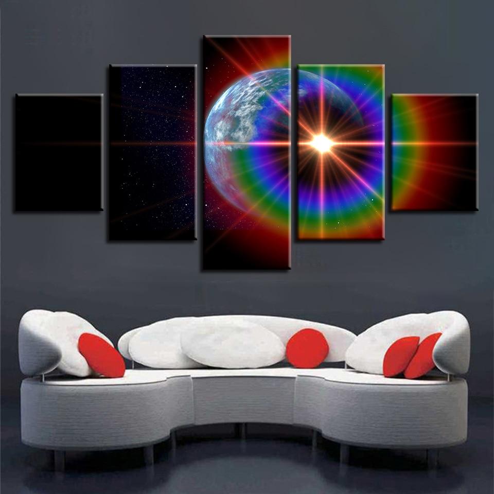Earth Planet Sunshine Rainbows - Space 5 Panel Canvas Art Wall Decor Earth Planet Sunshine Rainbows - Space 5 Panel Canvas Art Wall Decor