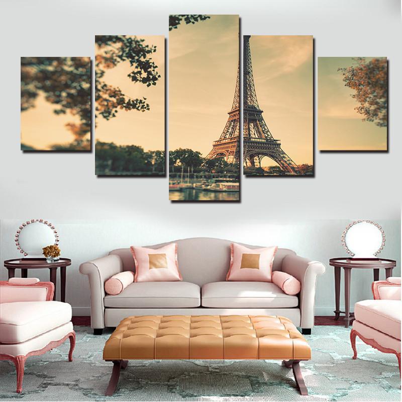 Eiffel Tower At Sunset Sky - Nature 5 Panel Canvas Art Wall Decor Eiffel Tower At Sunset Sky - Nature 5 Panel Canvas Art Wall Decor