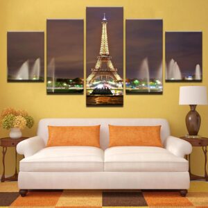 Eiffel Tower Fountain Night - Nature 5 Panel Canvas Art Wall Decor