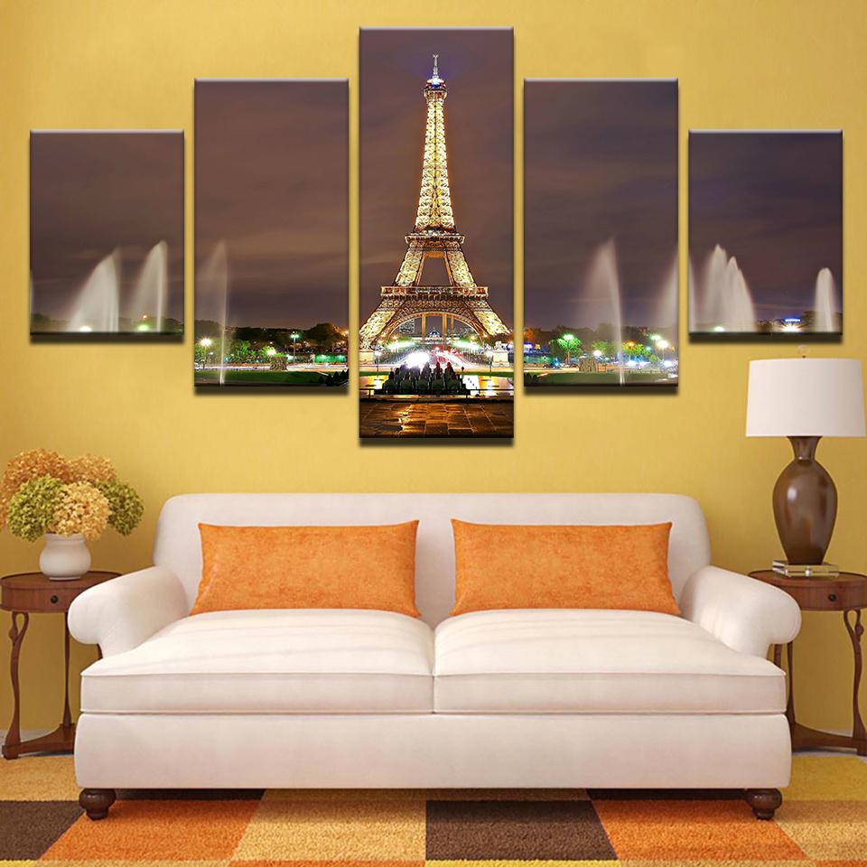 Eiffel Tower Fountain Night - Nature 5 Panel Canvas Art Wall Decor Eiffel Tower Fountain Night - Nature 5 Panel Canvas Art Wall Decor