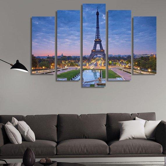 Eiffel Tower Paris At Night 01 - Nature 5 Panel Canvas Art Wall Decor Eiffel Tower Paris At Night 01 - Nature 5 Panel Canvas Art Wall Decor