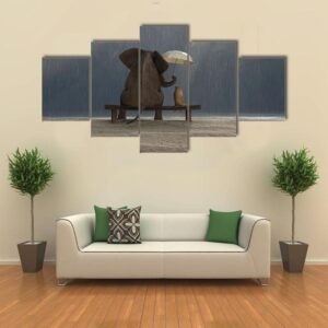 Elephant And Dog Sit Under The Rain - Animal 5 Panel Canvas Art Wall Decor