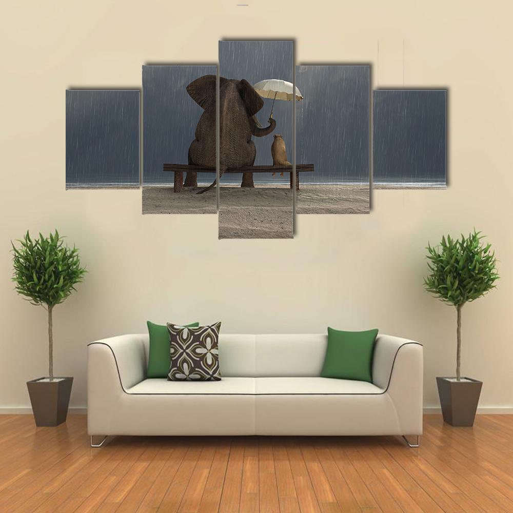 Elephant And Dog Sit Under The Rain - Animal 5 Panel Canvas Art Wall Decor Elephant And Dog Sit Under The Rain - Animal 5 Panel Canvas Art Wall Decor
