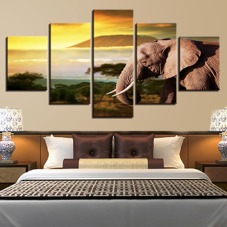 Elephant And Tree Island - Animal 5 Panel Canvas Art Wall Decor Elephant And Tree Island - Animal 5 Panel Canvas Art Wall Decor