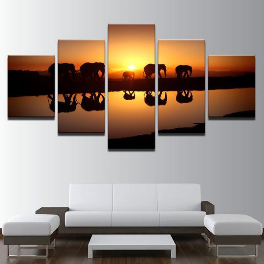 Elephant Caravan At Sunset - Animal 5 Panel Canvas Art Wall Decor Elephant Caravan At Sunset - Animal 5 Panel Canvas Art Wall Decor