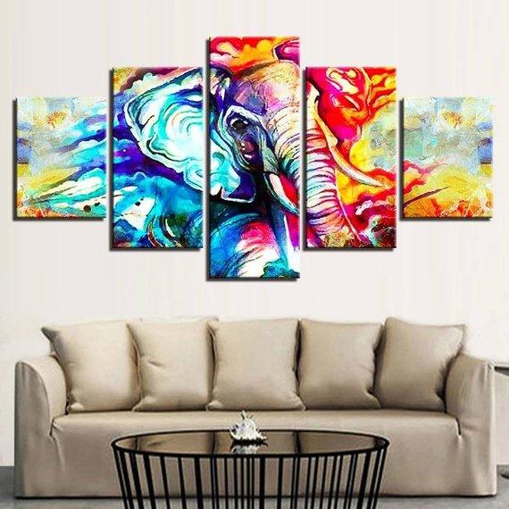 Elephant Colored - Abstract Animal 5 Panel Canvas Art Wall Decor Elephant Colored - Abstract Animal 5 Panel Canvas Art Wall Decor