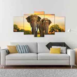 Elephant Couple - Animal 5 Panel Canvas Art Wall Decor