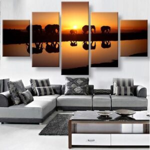 Elephant Crossing - Animal 5 Panel Canvas Art Wall Decor