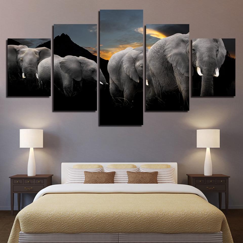 Elephant Family 4 - Animal 5 Panel Canvas Art Wall Decor Elephant Family 4 - Animal 5 Panel Canvas Art Wall Decor