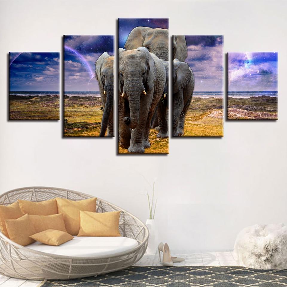 Elephant Family 5 - Animal 5 Panel Canvas Art Wall Decor Elephant Family 5 - Animal 5 Panel Canvas Art Wall Decor