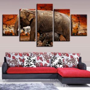 Elephant Family And Tree - Animal 5 Panel Canvas Art Wall Decor