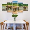 Elephant Family At The Watering Hole - Animal 5 Panel Canvas Art Wall Decor